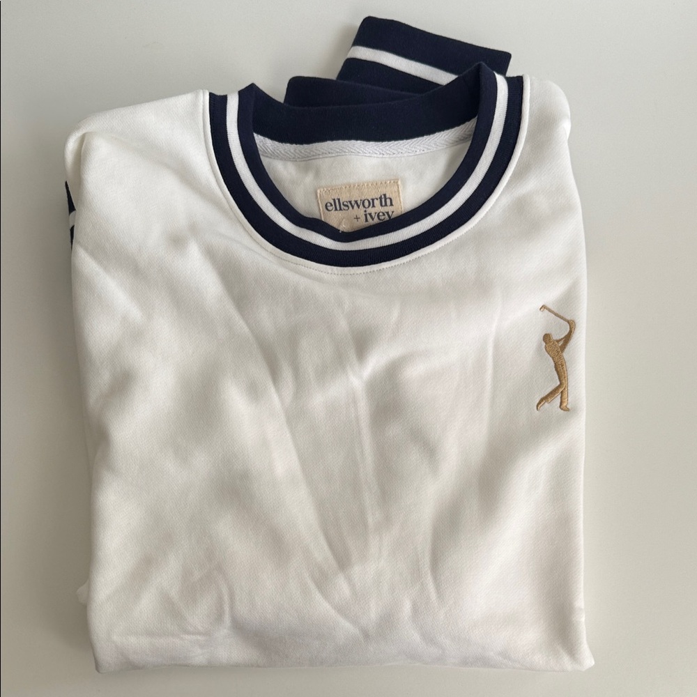 Ellsworth + Ivey White PGA Tour Golf Gold Man Embroidered Sweater with Navy Trim